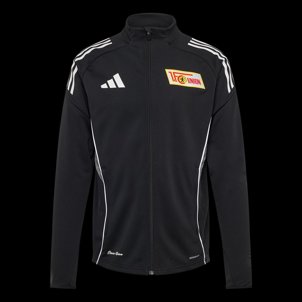 Schwarze Sportjacke mit weißen Streifen und dem Logo von "1. FC Union" vorne. Adidas-Logo auf dem rechten Ärmel.
