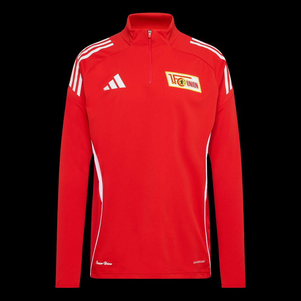 Roter Trainingspullover mit halbem Reißverschluss, weißen Streifen und einem Logo von 1. FC Union Berlin.